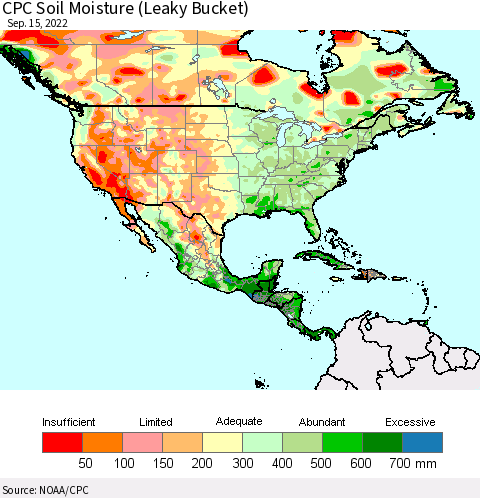 North America CPC Soil Moisture (Leaky Bucket) Thematic Map For 9/11/2022 - 9/15/2022