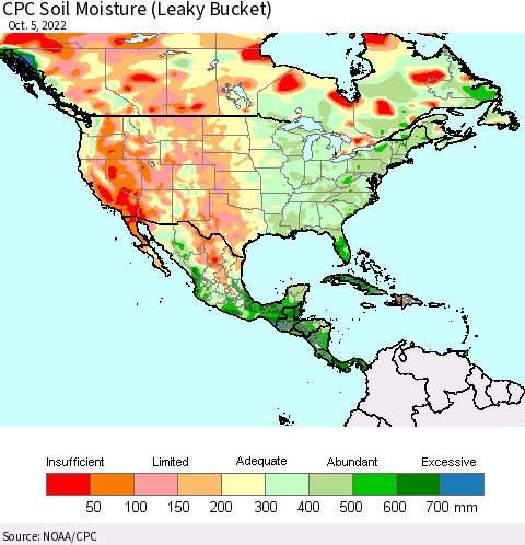 North America CPC Soil Moisture (Leaky Bucket) Thematic Map For 10/1/2022 - 10/5/2022