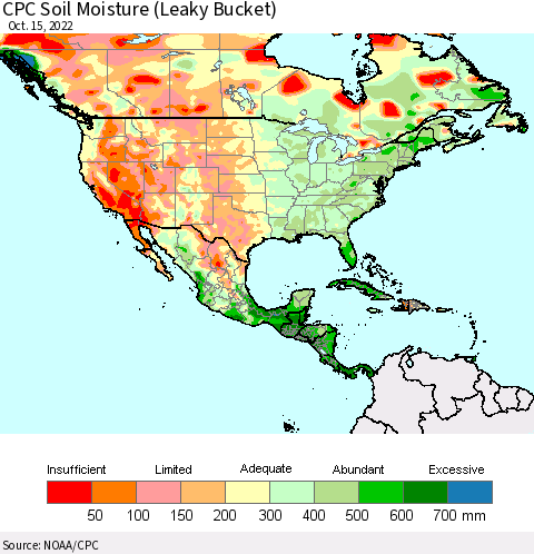 North America CPC Soil Moisture (Leaky Bucket) Thematic Map For 10/11/2022 - 10/15/2022