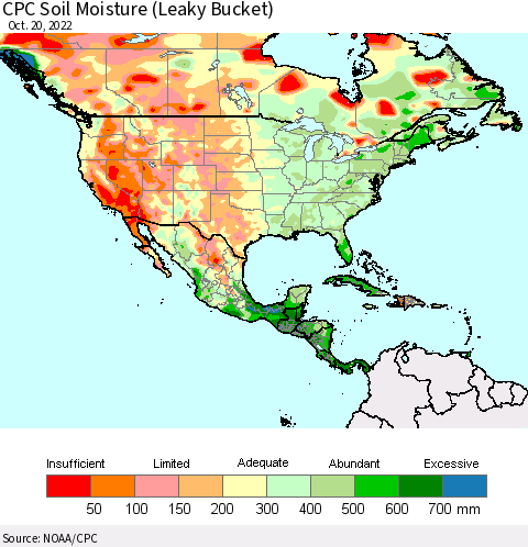 North America CPC Soil Moisture (Leaky Bucket) Thematic Map For 10/16/2022 - 10/20/2022