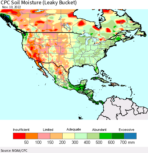 North America CPC Soil Moisture (Leaky Bucket) Thematic Map For 11/6/2022 - 11/10/2022