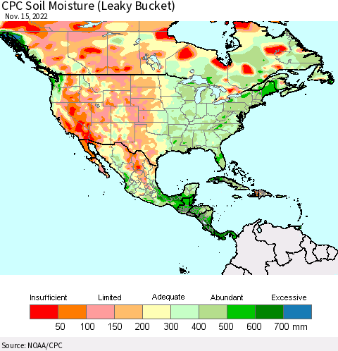 North America CPC Soil Moisture (Leaky Bucket) Thematic Map For 11/11/2022 - 11/15/2022