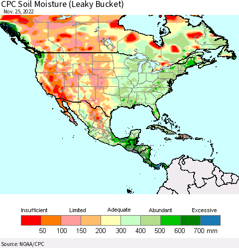 North America CPC Soil Moisture (Leaky Bucket) Thematic Map For 11/21/2022 - 11/25/2022