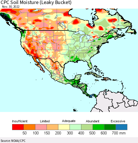 North America CPC Soil Moisture (Leaky Bucket) Thematic Map For 11/26/2022 - 11/30/2022