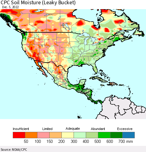 North America CPC Soil Moisture (Leaky Bucket) Thematic Map For 12/1/2022 - 12/5/2022