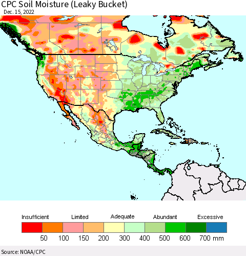 North America CPC Soil Moisture (Leaky Bucket) Thematic Map For 12/11/2022 - 12/15/2022
