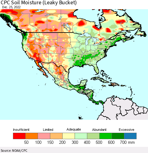 North America CPC Soil Moisture (Leaky Bucket) Thematic Map For 12/21/2022 - 12/25/2022