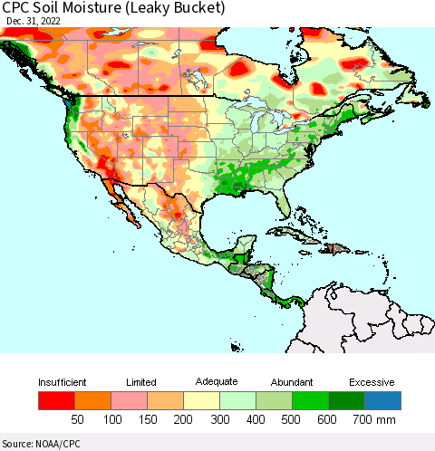 North America CPC Soil Moisture (Leaky Bucket) Thematic Map For 12/26/2022 - 12/31/2022