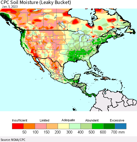 North America CPC Soil Moisture (Leaky Bucket) Thematic Map For 1/1/2023 - 1/5/2023