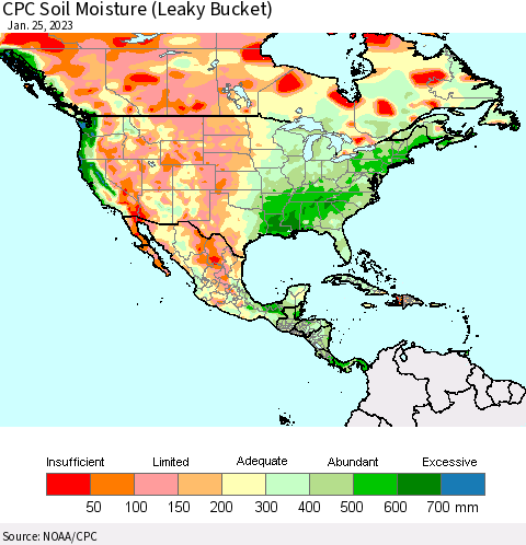 North America CPC Soil Moisture (Leaky Bucket) Thematic Map For 1/21/2023 - 1/25/2023