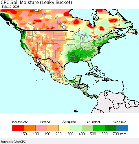 North America CPC Soil Moisture (Leaky Bucket) Thematic Map For 2/6/2023 - 2/10/2023