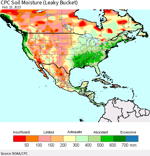 North America CPC Soil Moisture (Leaky Bucket) Thematic Map For 2/21/2023 - 2/25/2023