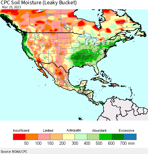North America CPC Soil Moisture (Leaky Bucket) Thematic Map For 3/21/2023 - 3/25/2023