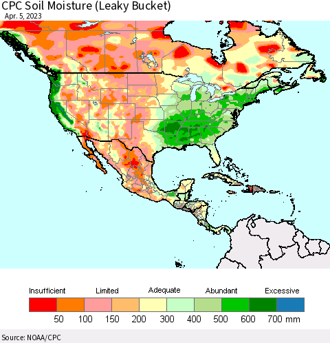North America CPC Soil Moisture (Leaky Bucket) Thematic Map For 4/1/2023 - 4/5/2023