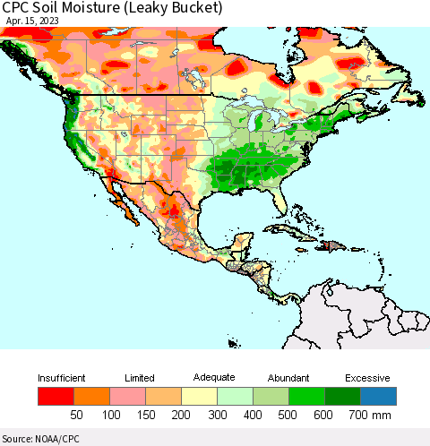 North America CPC Soil Moisture (Leaky Bucket) Thematic Map For 4/11/2023 - 4/15/2023