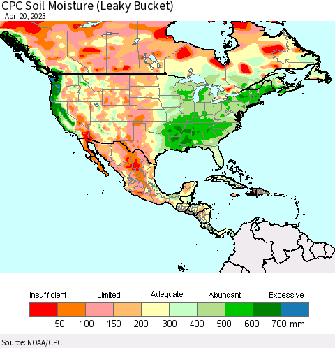 North America CPC Soil Moisture (Leaky Bucket) Thematic Map For 4/16/2023 - 4/20/2023