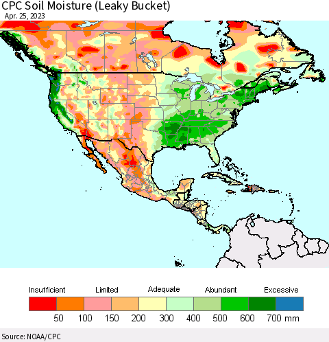 North America CPC Soil Moisture (Leaky Bucket) Thematic Map For 4/21/2023 - 4/25/2023