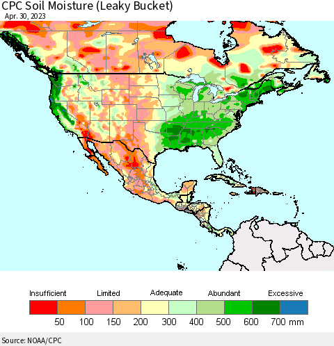 North America CPC Soil Moisture (Leaky Bucket) Thematic Map For 4/26/2023 - 4/30/2023