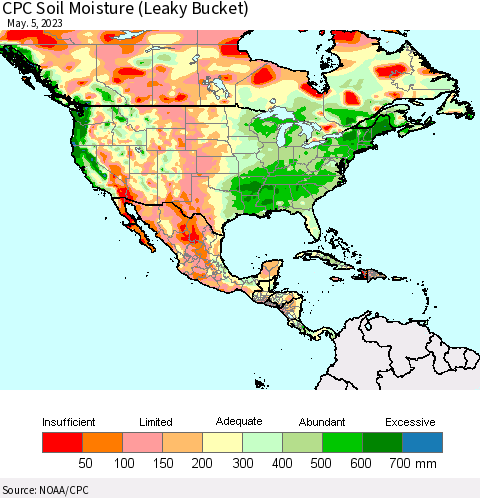 North America CPC Soil Moisture (Leaky Bucket) Thematic Map For 5/1/2023 - 5/5/2023