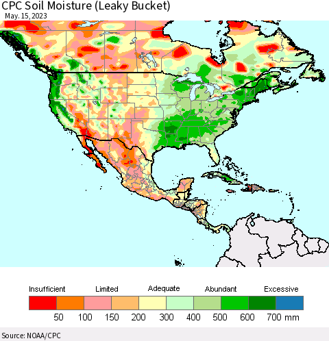 North America CPC Soil Moisture (Leaky Bucket) Thematic Map For 5/11/2023 - 5/15/2023