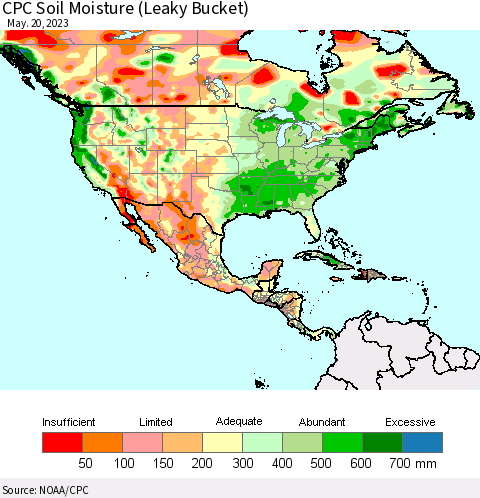 North America CPC Soil Moisture (Leaky Bucket) Thematic Map For 5/16/2023 - 5/20/2023