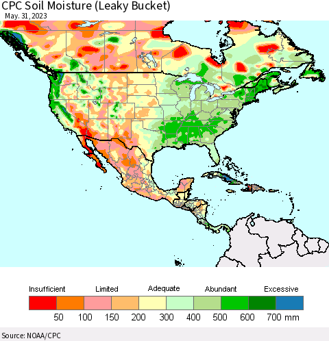 North America CPC Soil Moisture (Leaky Bucket) Thematic Map For 5/26/2023 - 5/31/2023