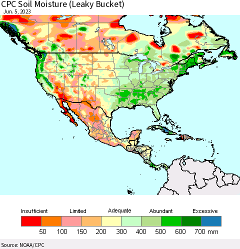 North America CPC Soil Moisture (Leaky Bucket) Thematic Map For 6/1/2023 - 6/5/2023
