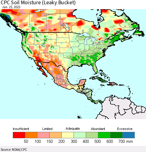 North America CPC Soil Moisture (Leaky Bucket) Thematic Map For 6/21/2023 - 6/25/2023