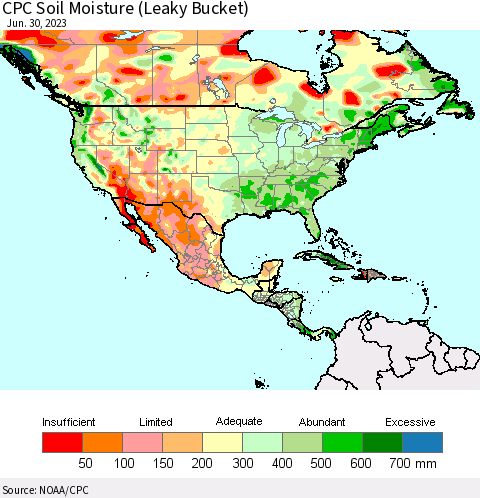 North America CPC Soil Moisture (Leaky Bucket) Thematic Map For 6/26/2023 - 6/30/2023