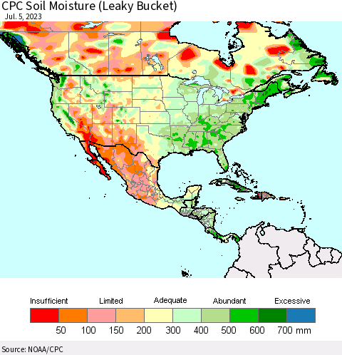 North America CPC Soil Moisture (Leaky Bucket) Thematic Map For 7/1/2023 - 7/5/2023