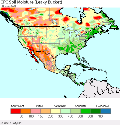 North America CPC Soil Moisture (Leaky Bucket) Thematic Map For 7/6/2023 - 7/10/2023