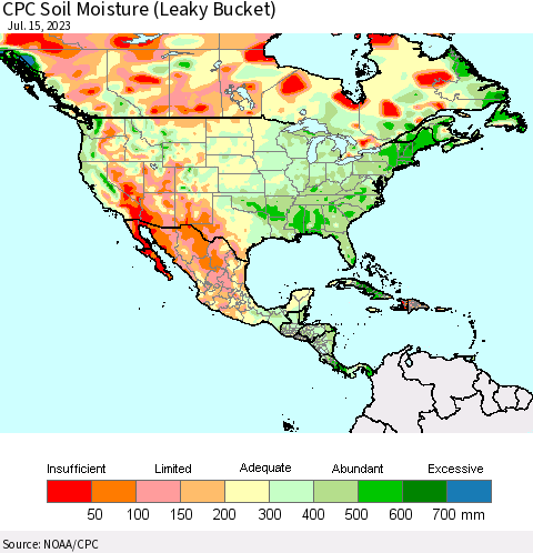 North America CPC Soil Moisture (Leaky Bucket) Thematic Map For 7/11/2023 - 7/15/2023