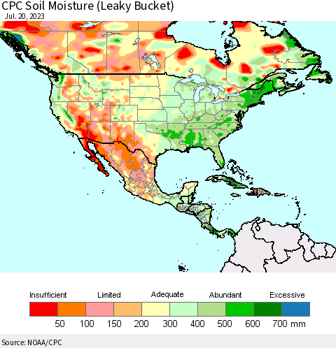 North America CPC Soil Moisture (Leaky Bucket) Thematic Map For 7/16/2023 - 7/20/2023