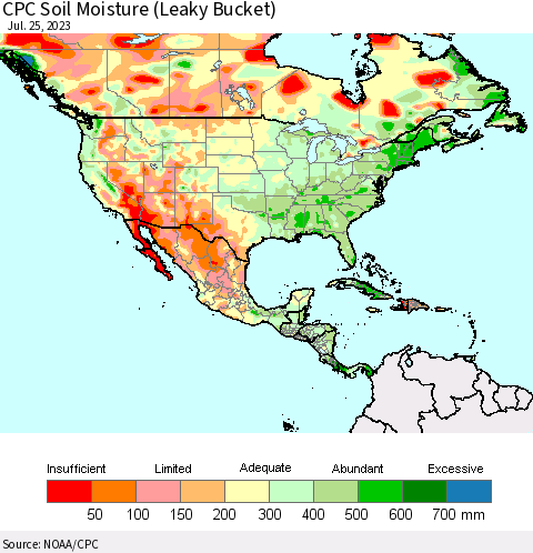 North America CPC Soil Moisture (Leaky Bucket) Thematic Map For 7/21/2023 - 7/25/2023