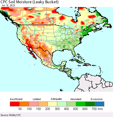 North America CPC Soil Moisture (Leaky Bucket) Thematic Map For 7/26/2023 - 7/31/2023