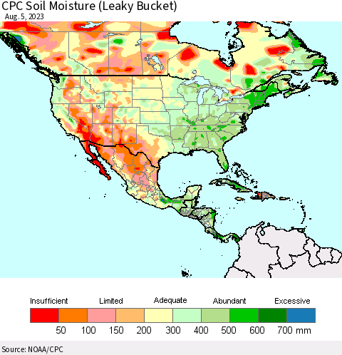 North America CPC Soil Moisture (Leaky Bucket) Thematic Map For 8/1/2023 - 8/5/2023