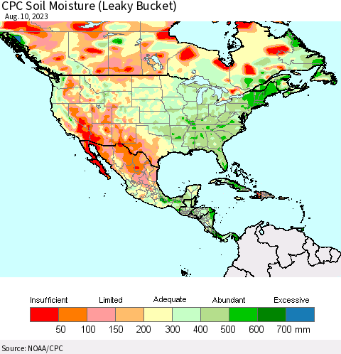 North America CPC Soil Moisture (Leaky Bucket) Thematic Map For 8/6/2023 - 8/10/2023