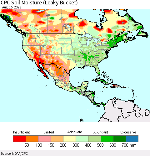 North America CPC Soil Moisture (Leaky Bucket) Thematic Map For 8/11/2023 - 8/15/2023