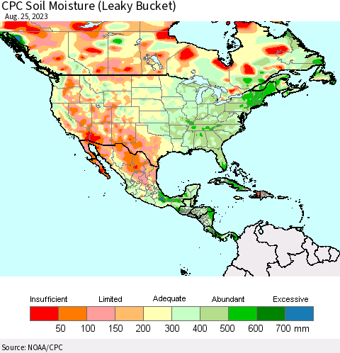 North America CPC Soil Moisture (Leaky Bucket) Thematic Map For 8/21/2023 - 8/25/2023