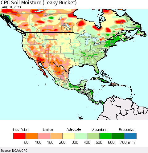North America CPC Soil Moisture (Leaky Bucket) Thematic Map For 8/26/2023 - 8/31/2023
