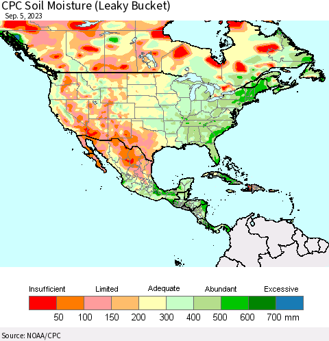 North America CPC Soil Moisture (Leaky Bucket) Thematic Map For 9/1/2023 - 9/5/2023