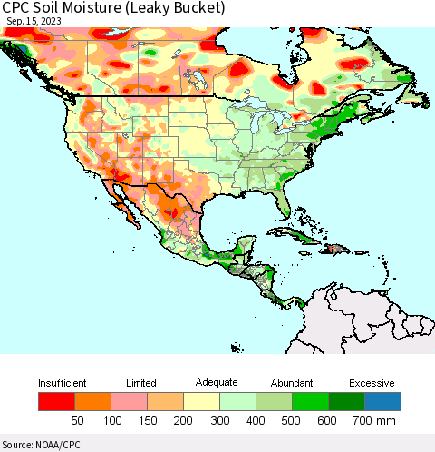 North America CPC Soil Moisture (Leaky Bucket) Thematic Map For 9/11/2023 - 9/15/2023