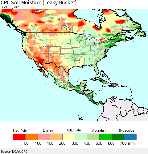 North America CPC Soil Moisture (Leaky Bucket) Thematic Map For 10/26/2023 - 10/31/2023