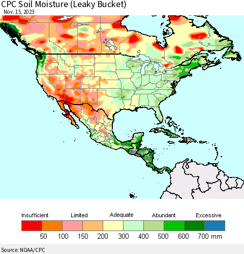 North America CPC Soil Moisture (Leaky Bucket) Thematic Map For 11/11/2023 - 11/15/2023