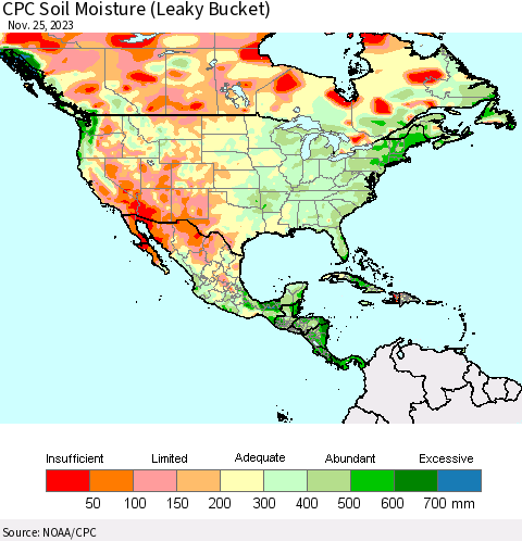 North America CPC Soil Moisture (Leaky Bucket) Thematic Map For 11/21/2023 - 11/25/2023