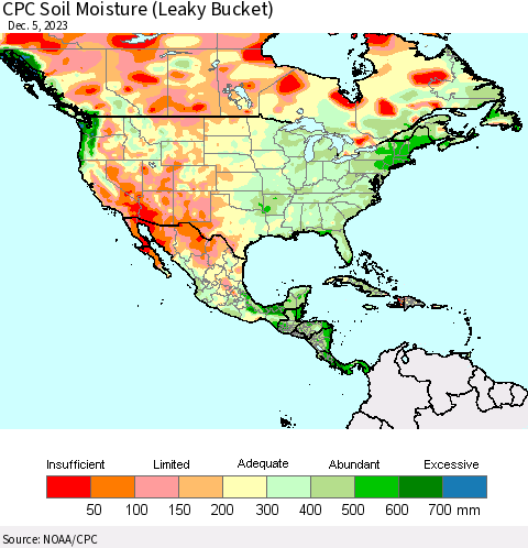 North America CPC Soil Moisture (Leaky Bucket) Thematic Map For 12/1/2023 - 12/5/2023