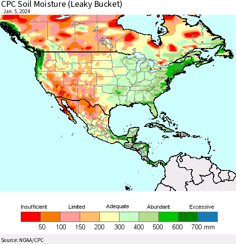 North America CPC Soil Moisture (Leaky Bucket) Thematic Map For 1/1/2024 - 1/5/2024