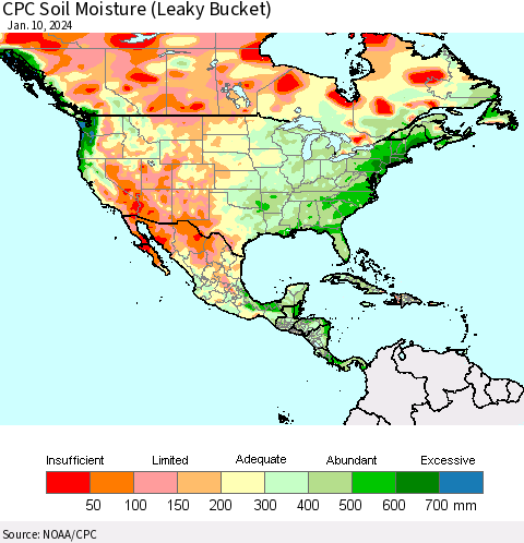 North America CPC Soil Moisture (Leaky Bucket) Thematic Map For 1/6/2024 - 1/10/2024