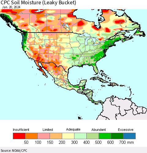 North America CPC Soil Moisture (Leaky Bucket) Thematic Map For 1/16/2024 - 1/20/2024