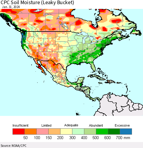 North America CPC Soil Moisture (Leaky Bucket) Thematic Map For 1/26/2024 - 1/31/2024